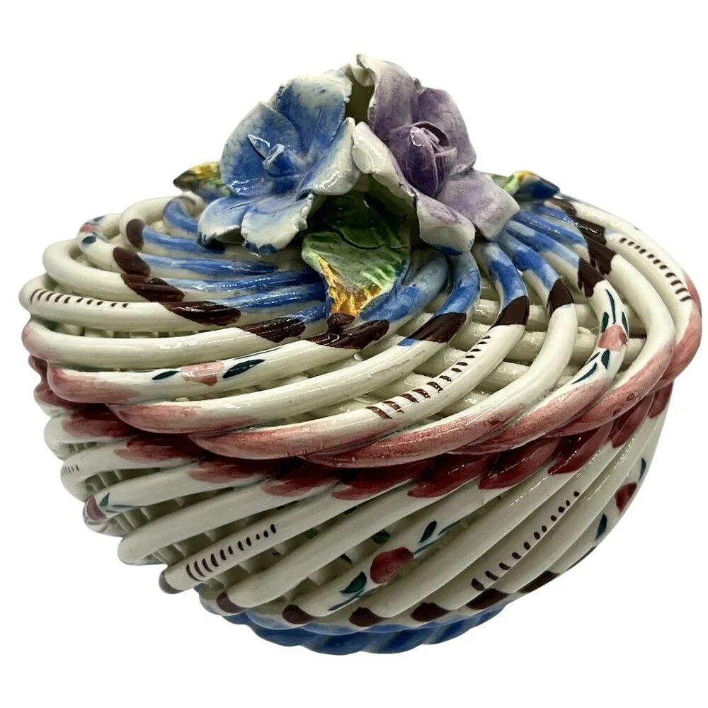 Vtg Hand Painted Spanish Porcelain Trinket Box Twig Style Basket Bloomcore Spain